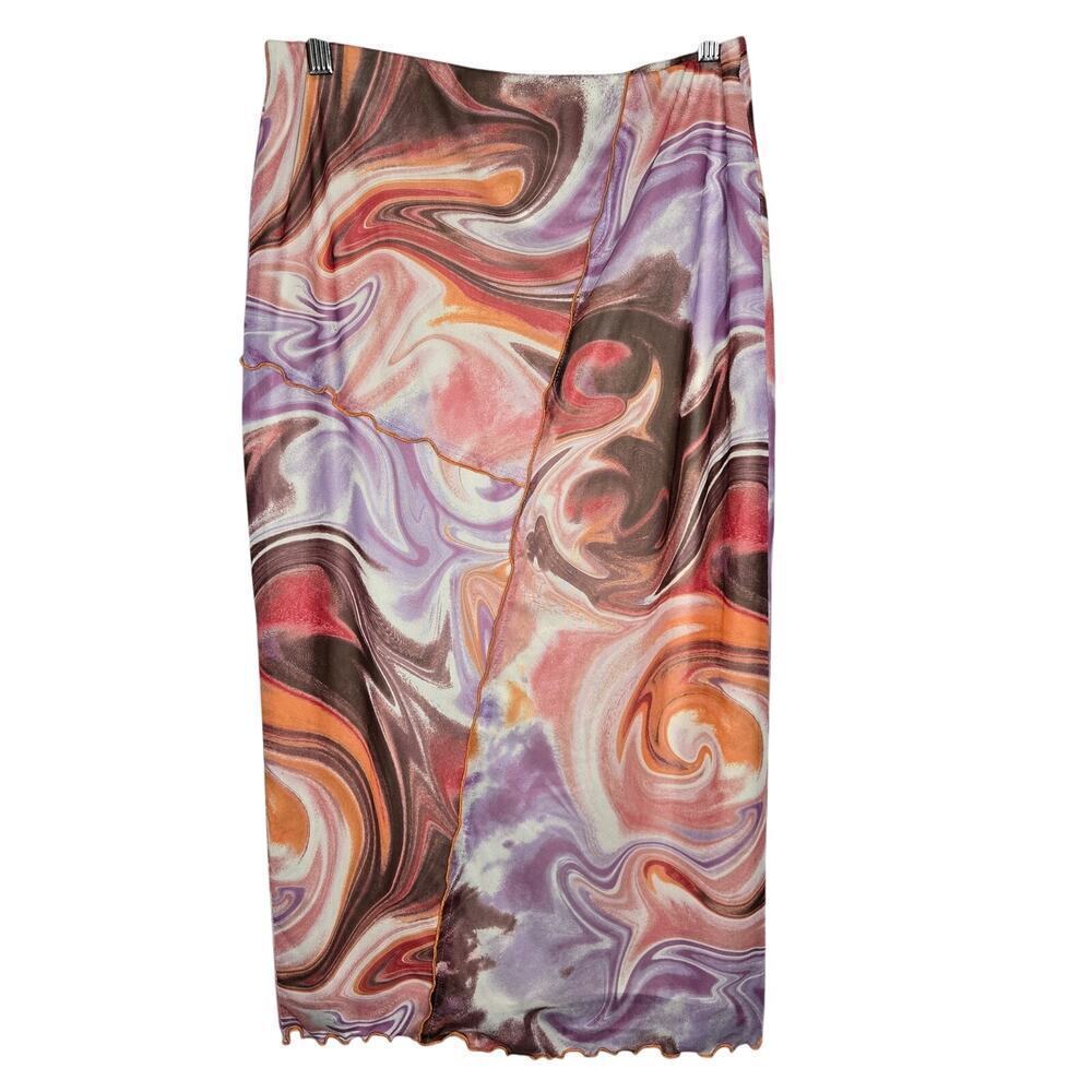 Love, Fire Women's Mesh Swirl Y2K Midi Skirt Size L Rave Funky Festival Pull-On